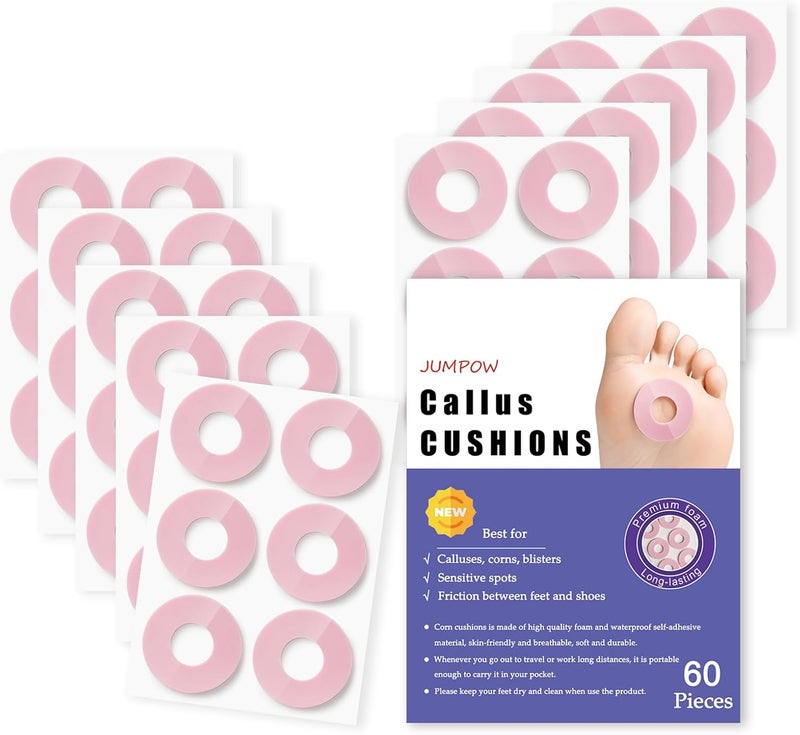 JUMPOW Corn Cushions Callus Pads, 60 Pcs, Comfortable & Sticky Soft Callus Cushions, Waterproof Corn Pads Protectors for Toes Relief Calluses, Corns, Blisters, Heel Frictions (Round-L) - Image 1